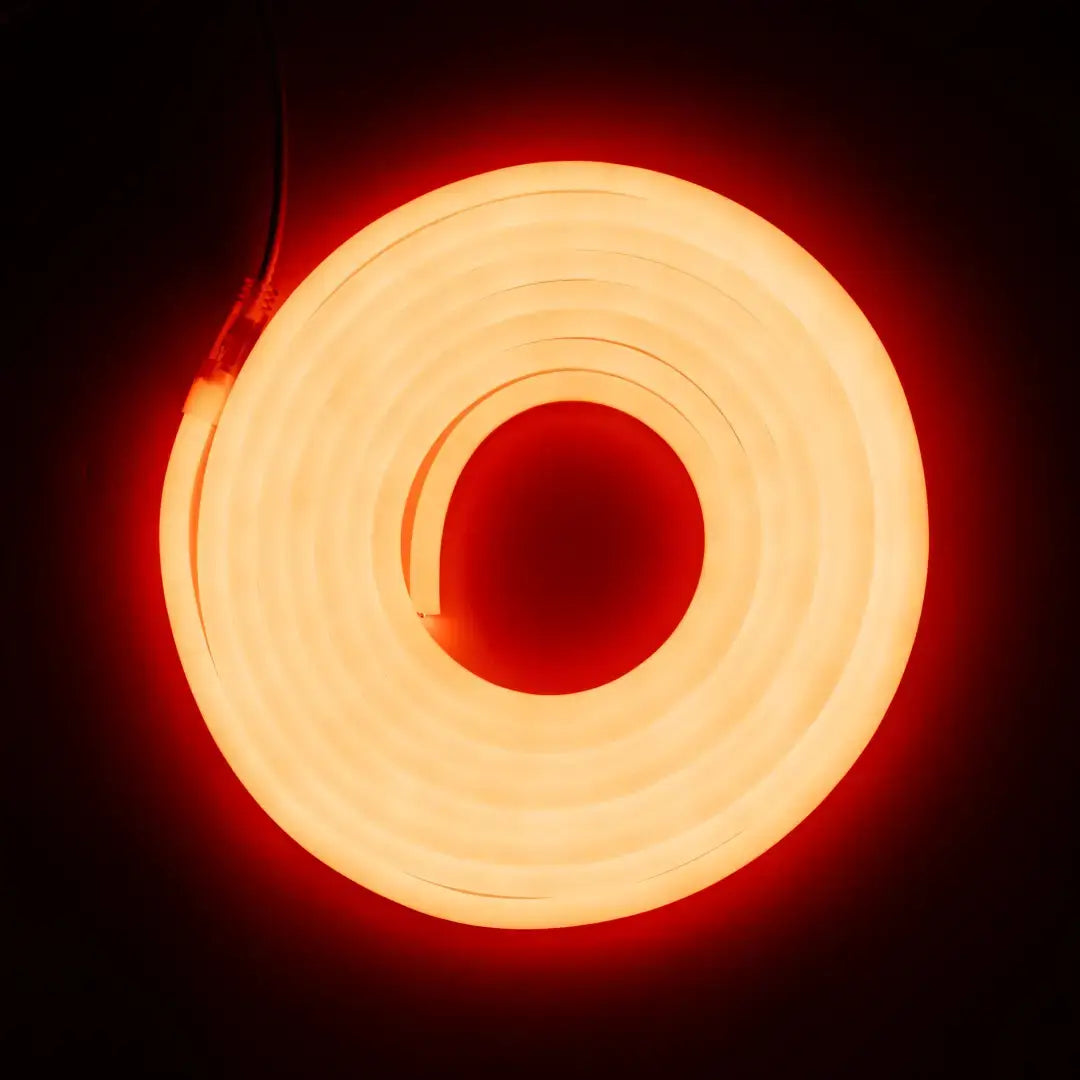 Glowing orange-red flexible neon LED strip with dark center and pre-soldered ends for Tangerine Orange PVC Flex