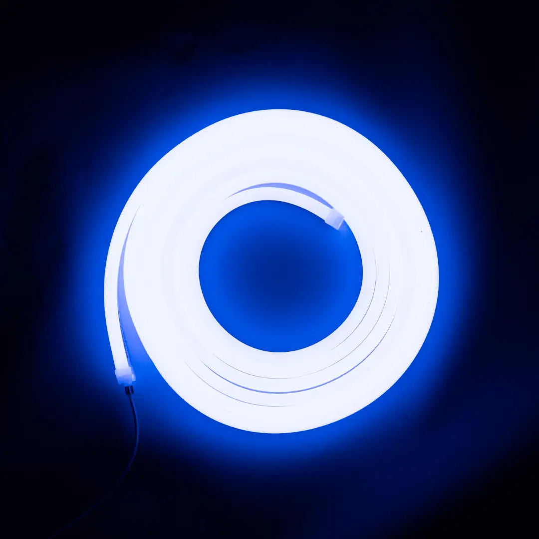 Glowing white and blue flexible neon light tube for architectural strips and horizontal bending