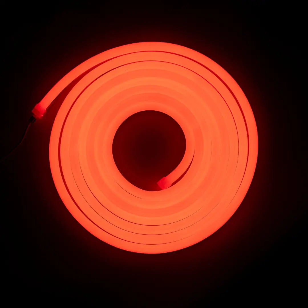 Glowing red neon spiral tube showcasing flexible neon and horizontal bending for architectural strips