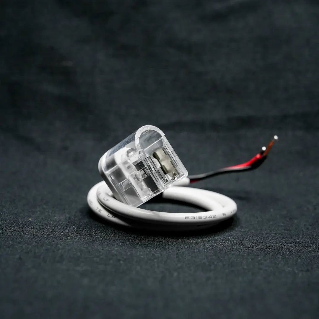 Clear plastic LED holder with red and white wires for 10x13x22 Quick Connectors, landscape series flexible neon