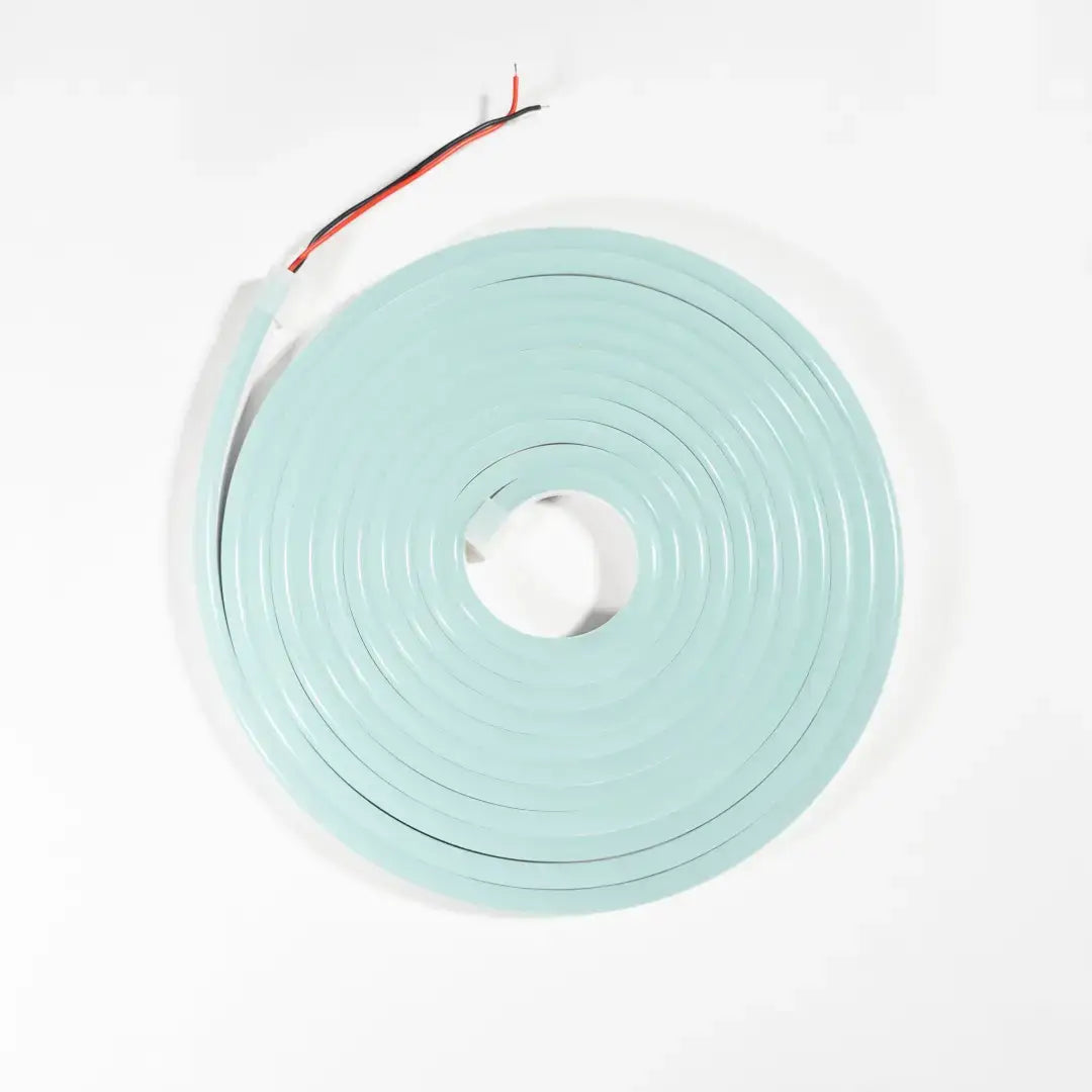 Mint green circular LED neon flex strip with exposed wiring for flexible neon LED and architectural strips