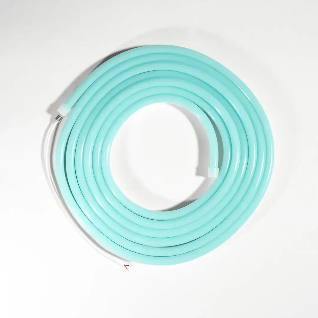 Coiled turquoise flexible neon tubing for architectural strips and product lighting displays