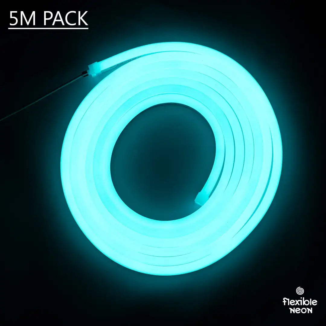 Coiled turquoise flexible neon flex rope light glowing against darkness for icy blue ambiance