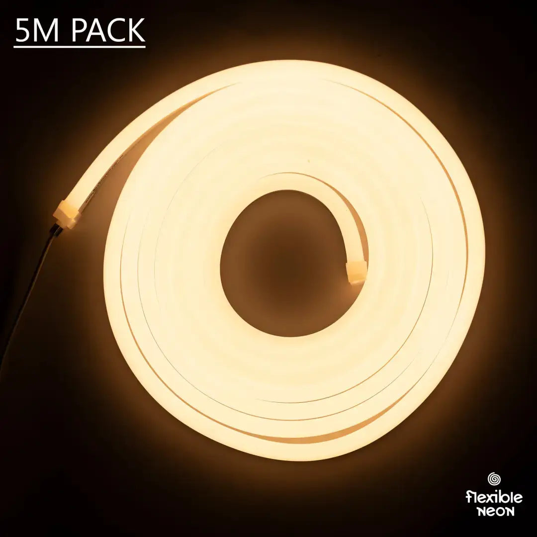 Coiled flexible neon LED strip with horizontal bending in warm white 3000K lighting