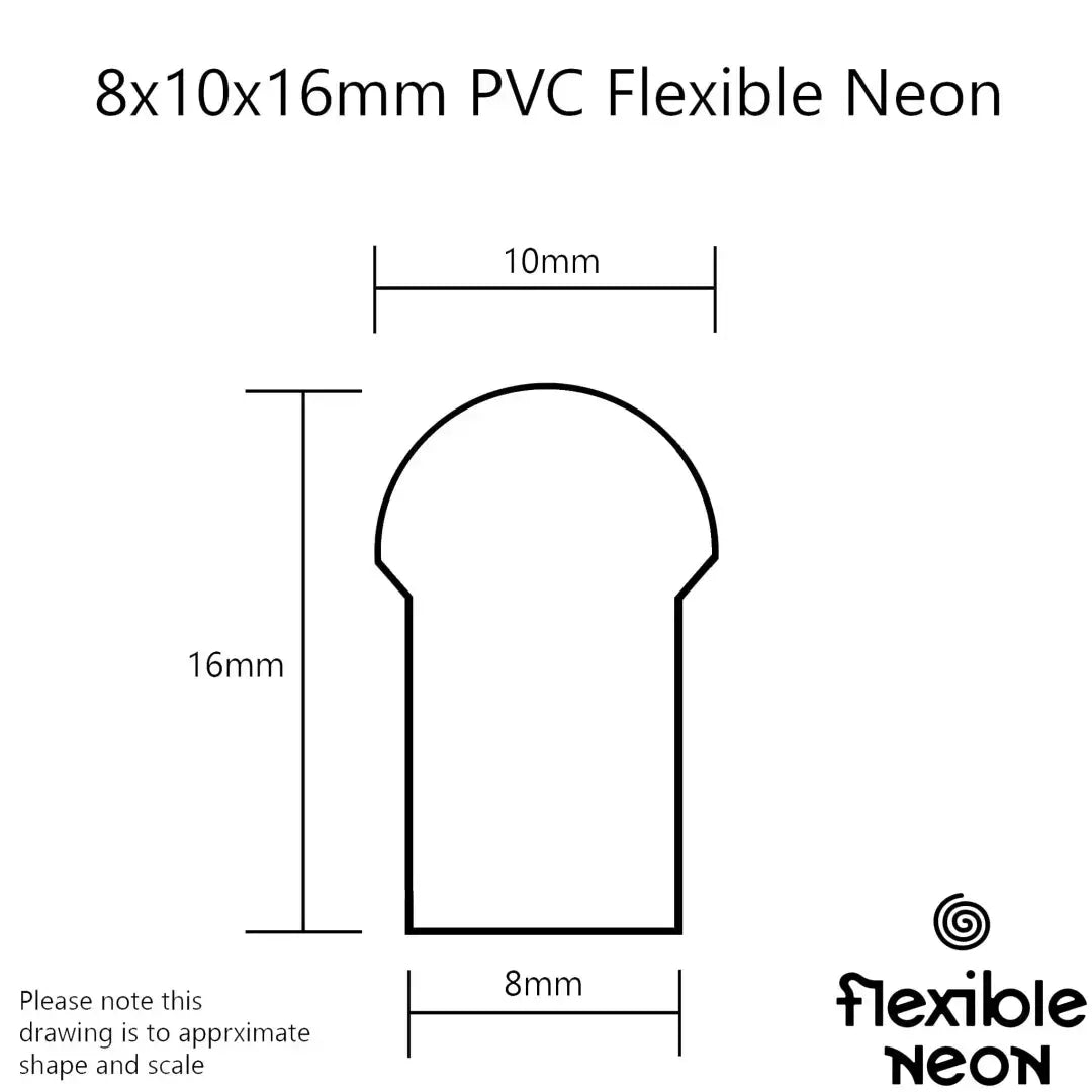 Technical diagram of 8x10x16 PVC Flex flexible neon LED strip profile in Jacaranda Purple