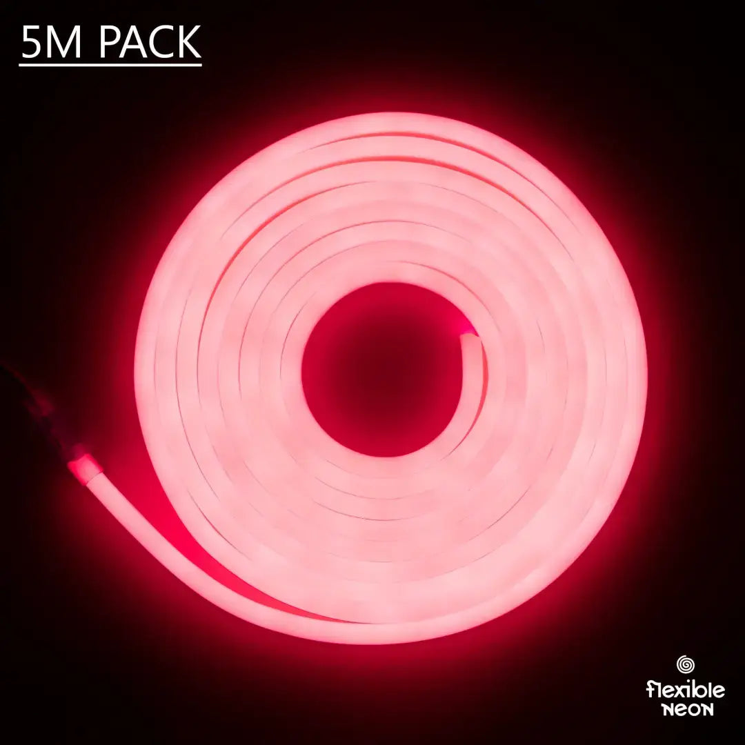 Coiled pink neon flex tube glowing against dark background, perfect flexible neon LED strip