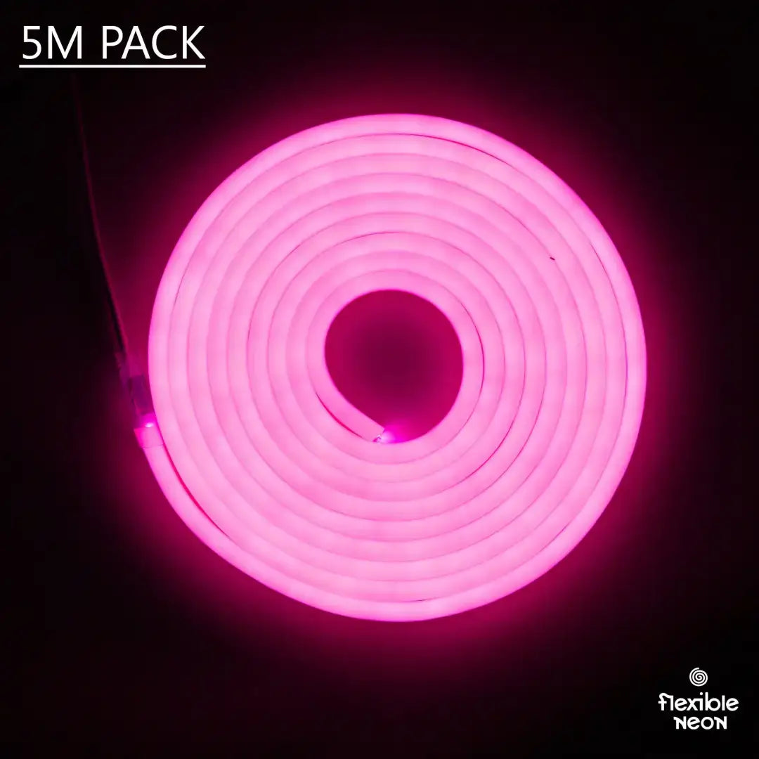 Coiled pink neon flex light rope glowing against dark space, ideal as a flexible neon LED strip with 8x10x16 PVC Flex