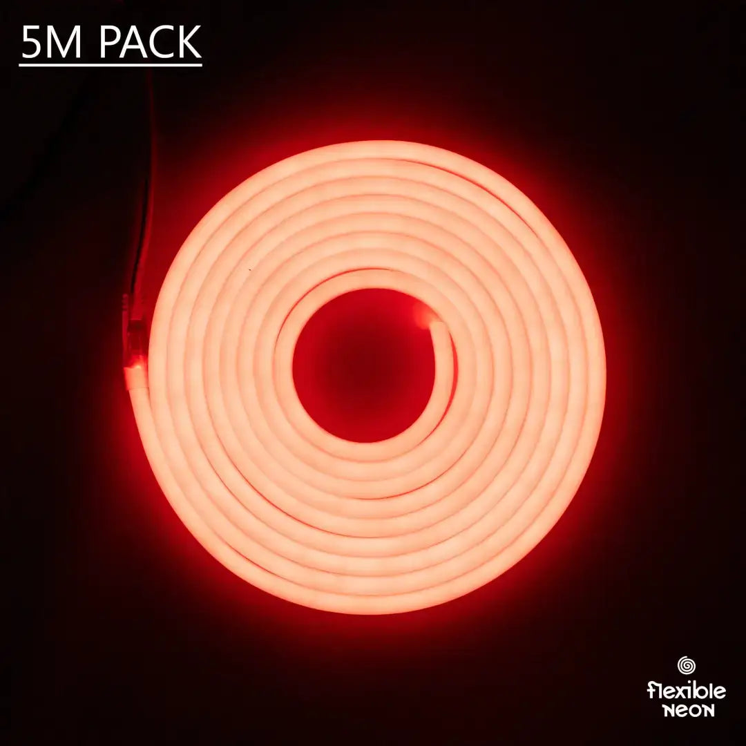 Coiled red flexible neon LED strip light in circular shape with 8x10x16 PVC Flex size