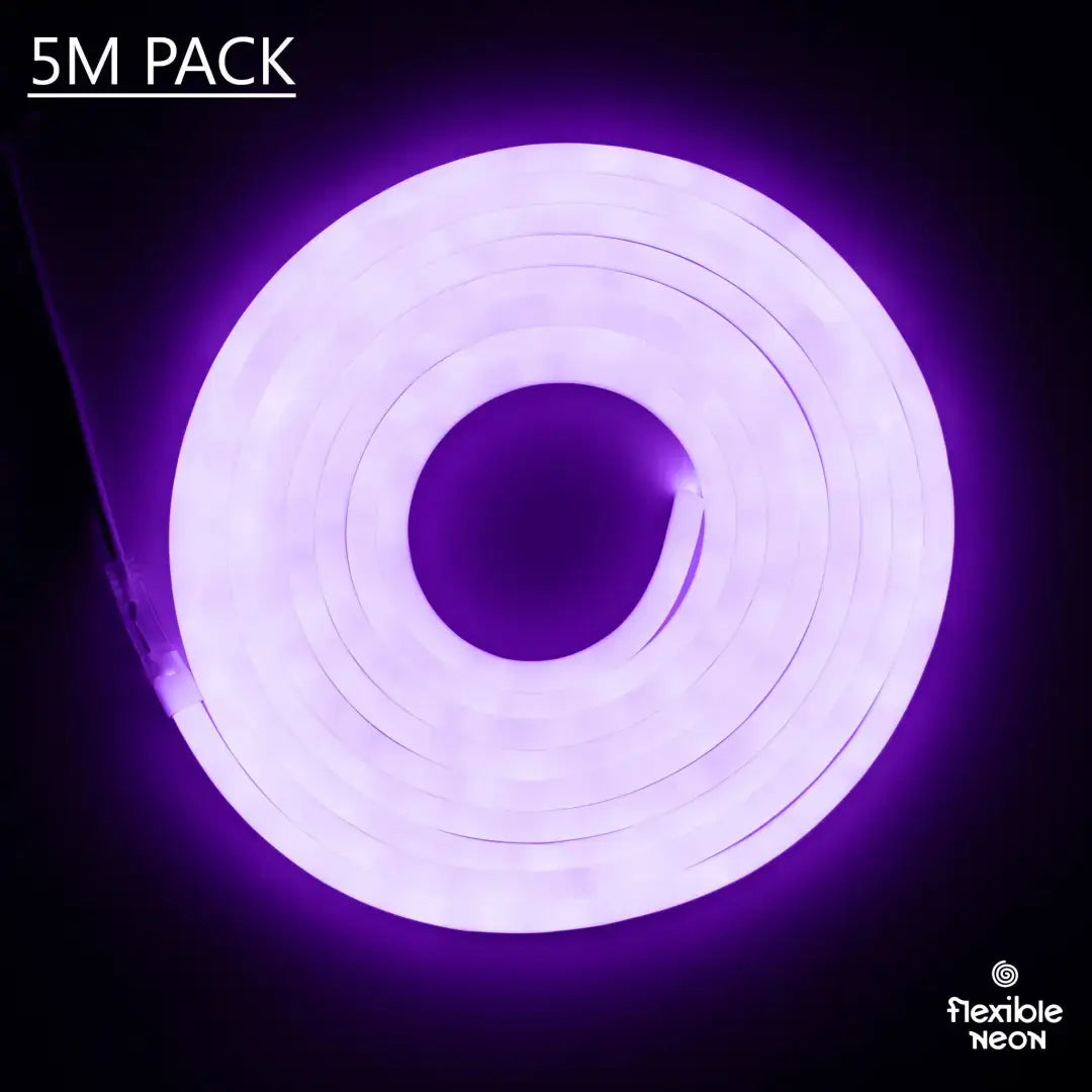 Glowing purple neon flex tube coiled in a circle for flexible neon LED strip project