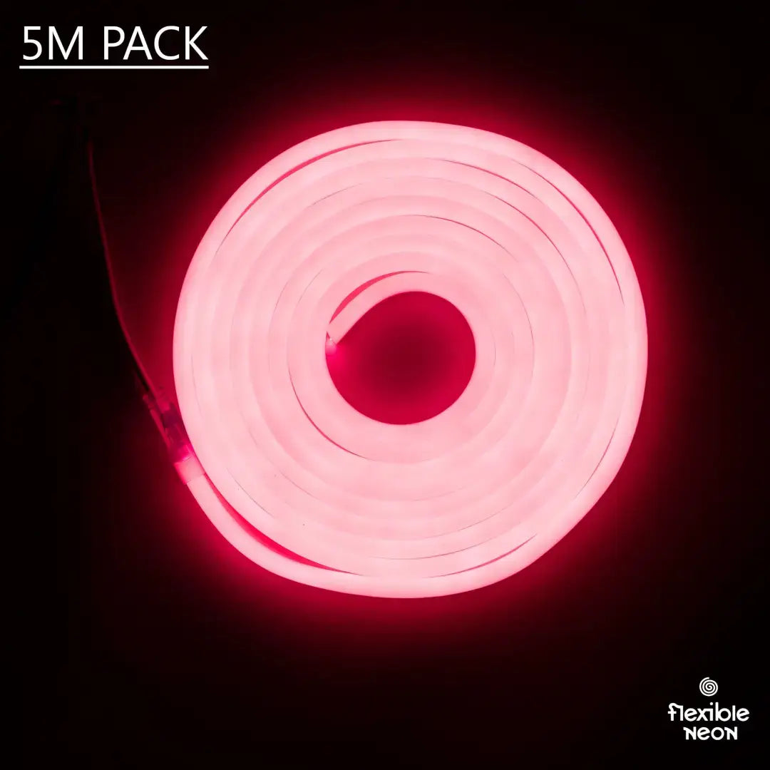 Glowing pink neon flex tube coiled in a spiral, ideal for flexible neon LED lighting