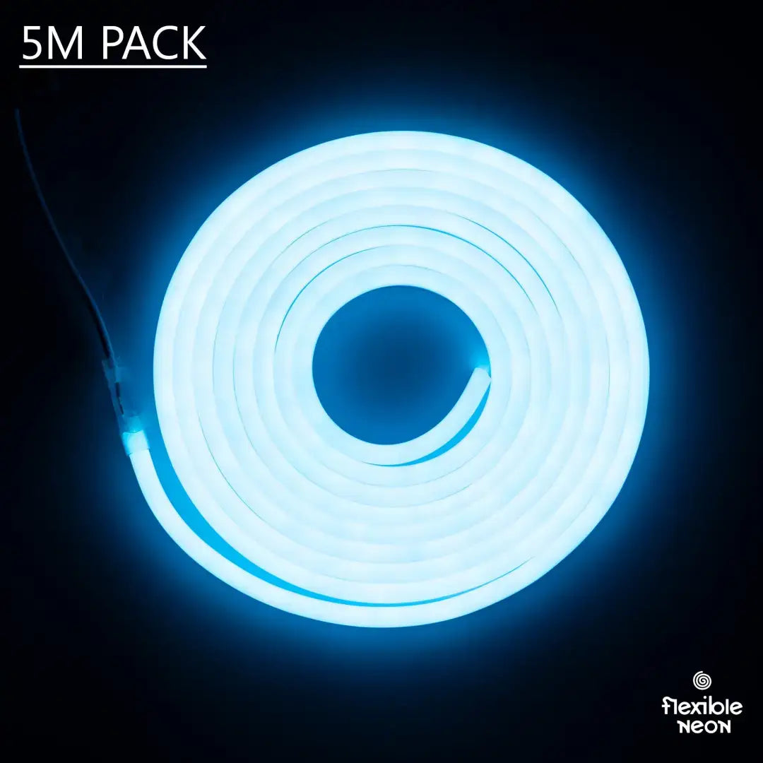 Coiled blue flexible neon LED strip labeled 5M PACK for 8x10x16 PVC Flex Icy Blue