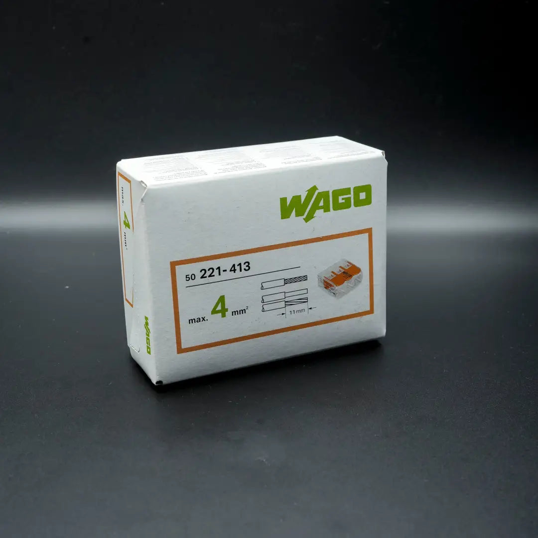 White WAGO electrical connector box with orange labeling for quick connecting two wires, 4mm