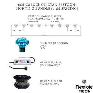 50m Cyan Cabochon Festoon Lighting Bundle (0.5m Spacing)