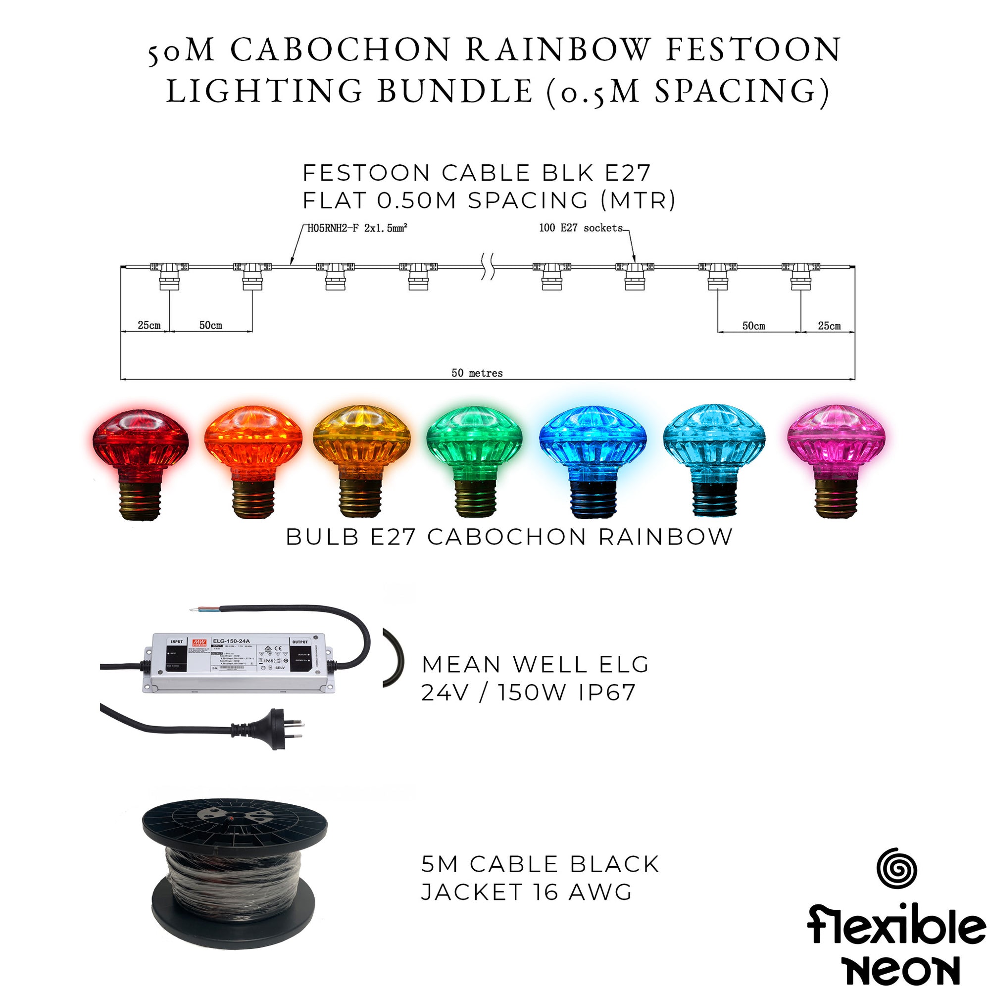 50m Rainbow Cabochon Festoon Lighting Bundle (0.5m Spacing)