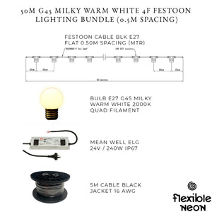 50m G45 Milky Warm White 4F Festoon Lighting Bundle (0.5m Spacing)