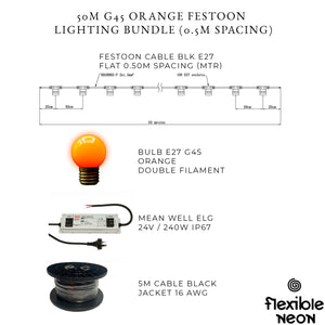 50m G45 Orange 2F Festoon Lighting Bundle (0.5m Spacing)