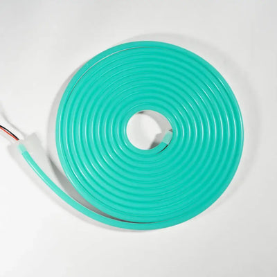 Coiled turquoise neon LED strip with wiring, flexible neon architectural lighting solution
