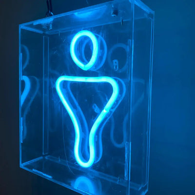 Glowing blue neon restroom sign with flexible neon LED strip and pre-soldered ends in clear acrylic case