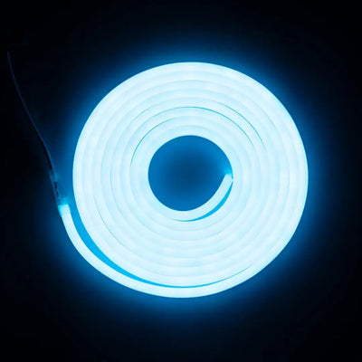 Glowing blue neon rope light with flexible neon design and pre-soldered ends in circle