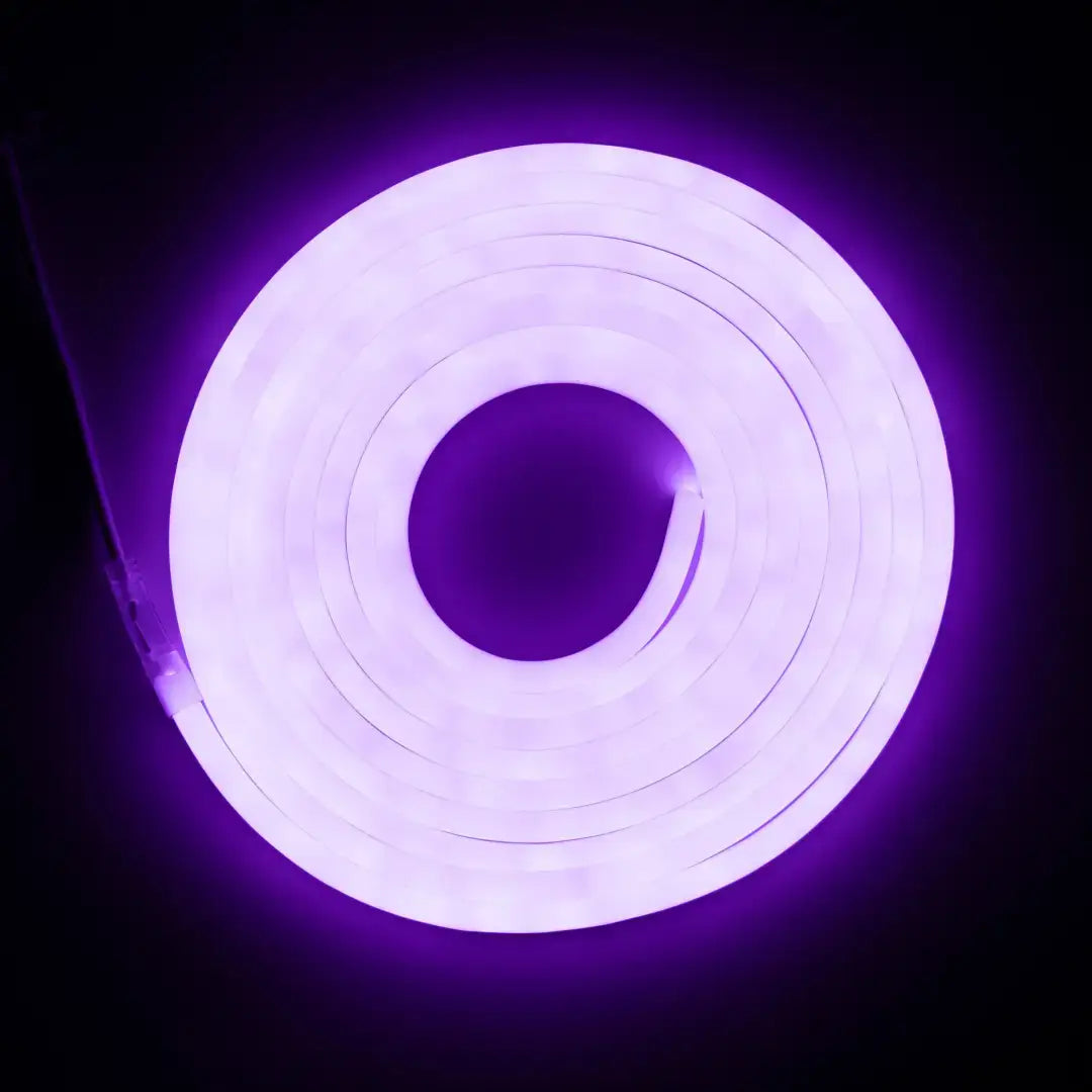 Glowing circular neon ring with purple illumination, flexible neon LED strip, pre-soldered ends