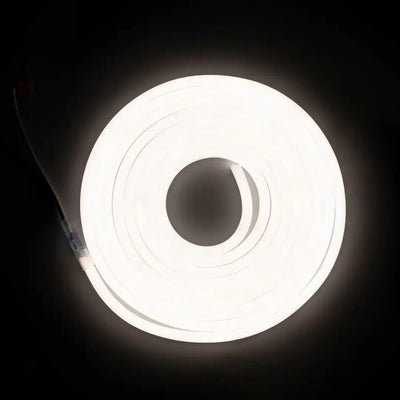 Circular LED ring light glowing bright white on flexible neon neon led strip with pre-soldered ends