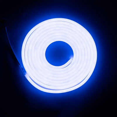 Coiled blue LED neon flex rope light glowing against darkness for flexible neon decor