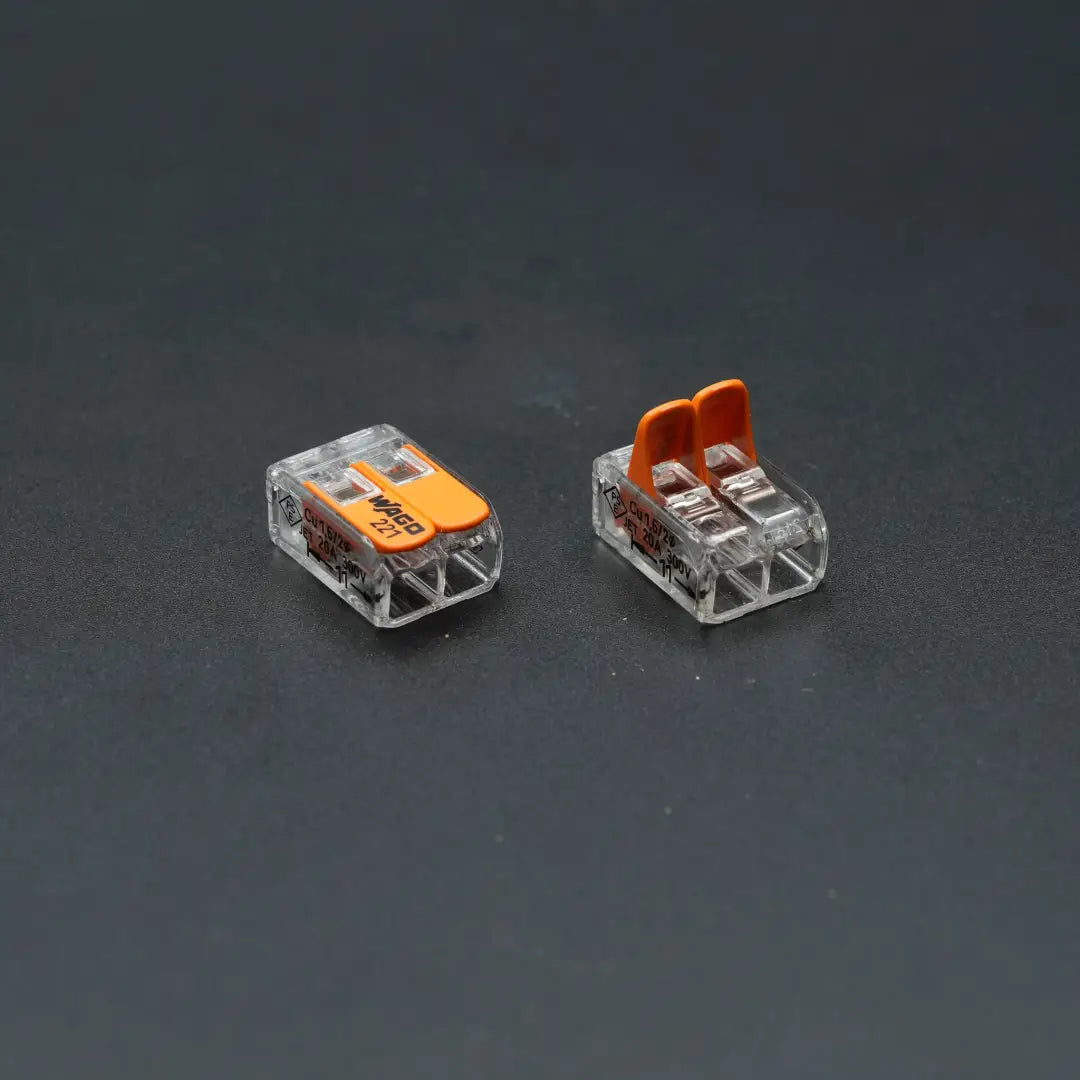 Clear plastic WAGO connectors with orange levers for quick wire connection, 4mm 100pc accessory