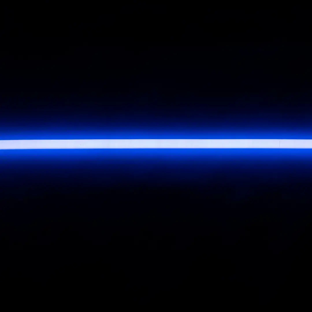 Glowing blue flex neon light streak against darkness, showcasing flexible neon design