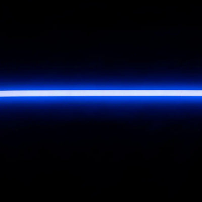 Glowing blue flex neon light streak against darkness, showcasing flexible neon design