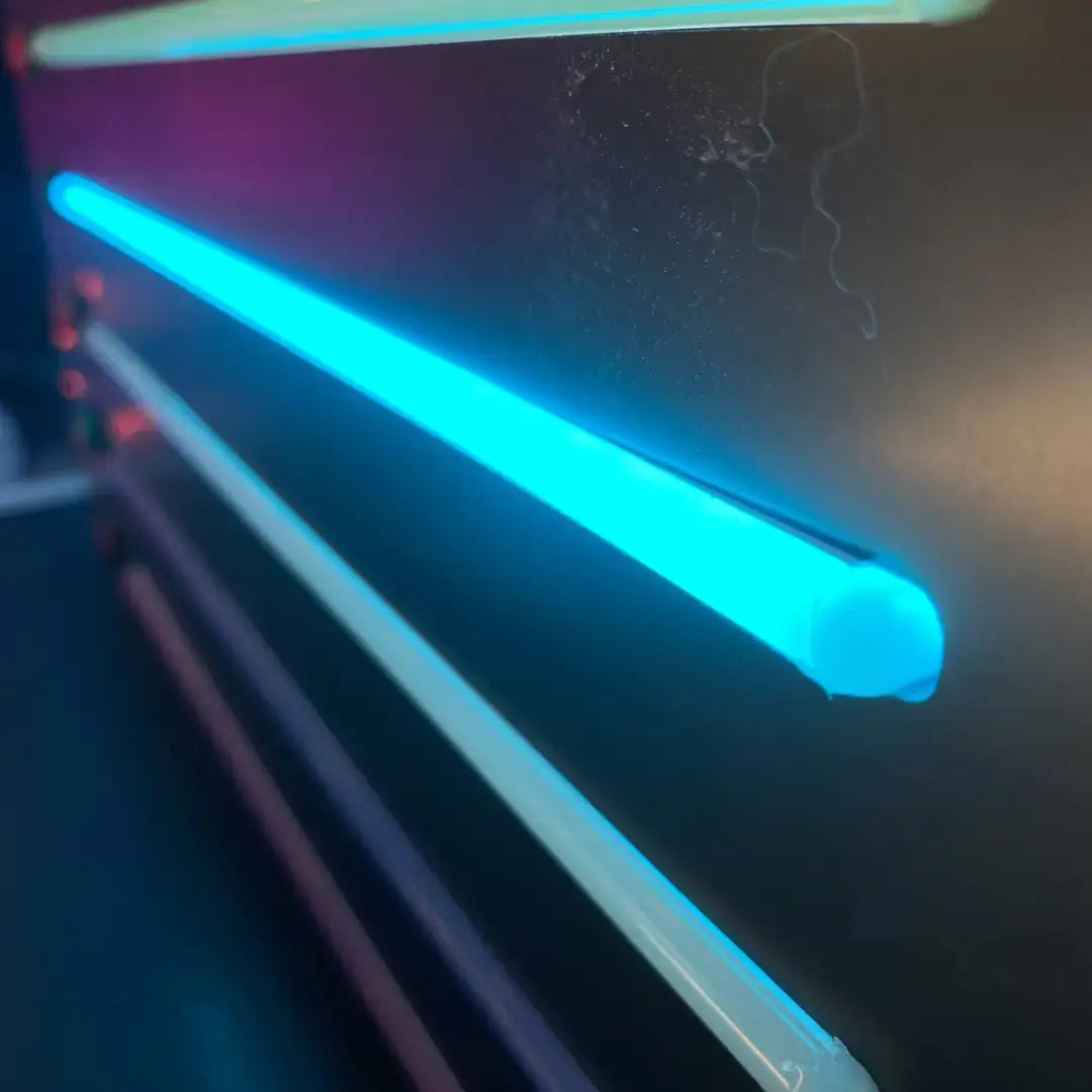Glowing blue neon tube with coloured end caps for 8x16 Flex Neon installation