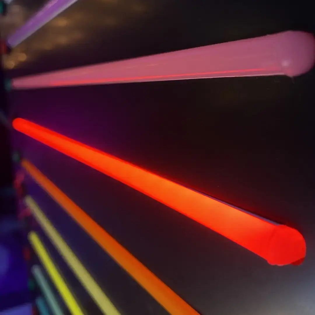 Glowing neon tubes in red, pink, orange, and yellow for 8x16 coloured end caps flex neon installation