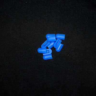 Bright blue coloured end caps for 8x16 flex neon installation, shown as scattered plastic cord locks