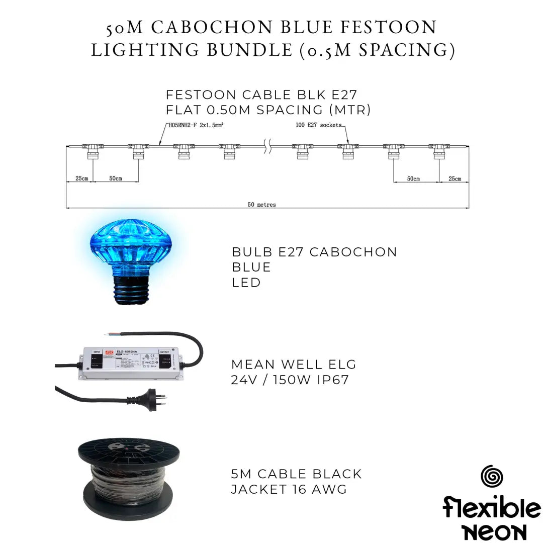 50m Blue Cabochon Festoon Lighting Bundle (0.5m Spacing) - Festoon Lighting