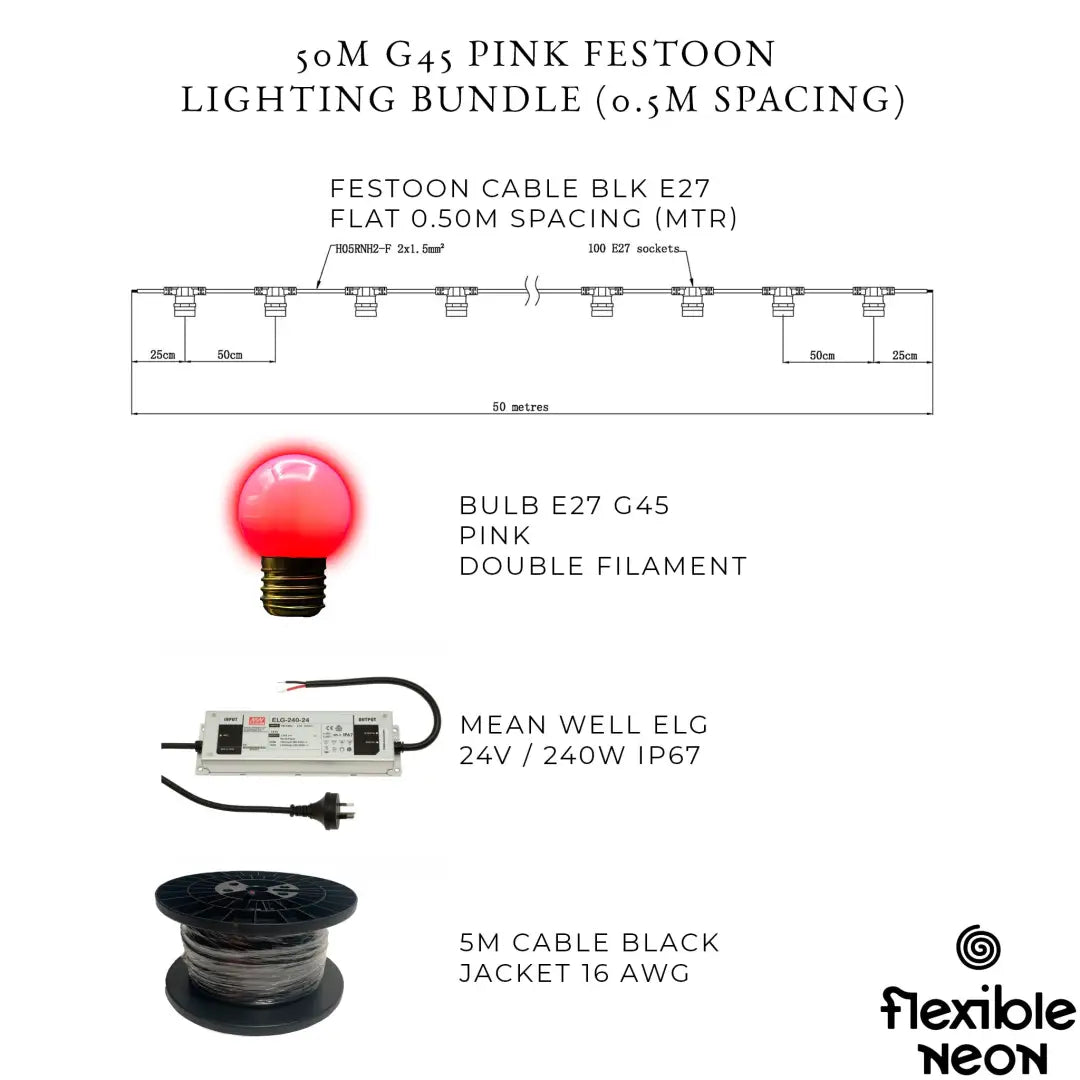 50m G45 Pink 2F Festoon Lighting Bundle (0.5m Spacing) - Festoon Lighting