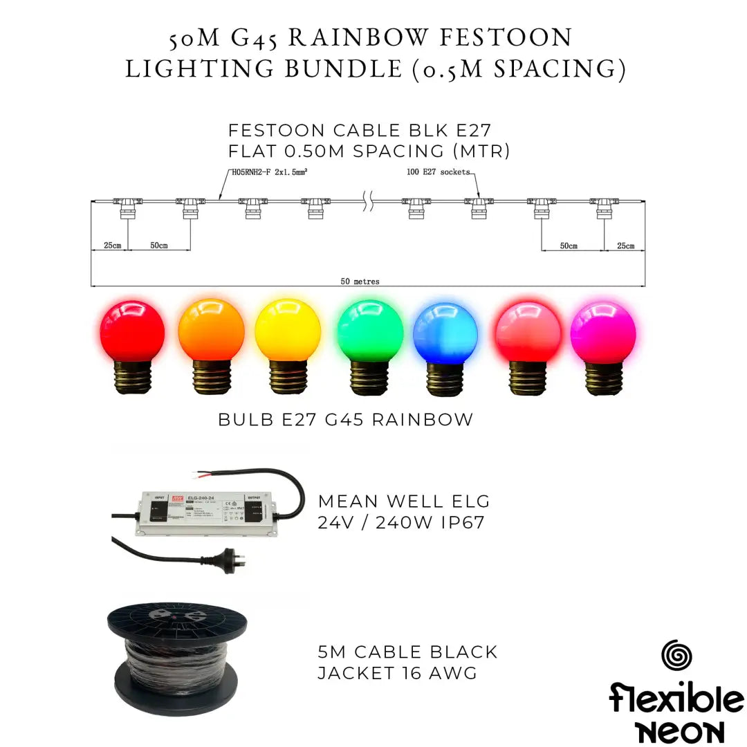 50m G45 Rainbow 2F Festoon Lighting Bundle (0.5m Spacing) - Festoon Lighting