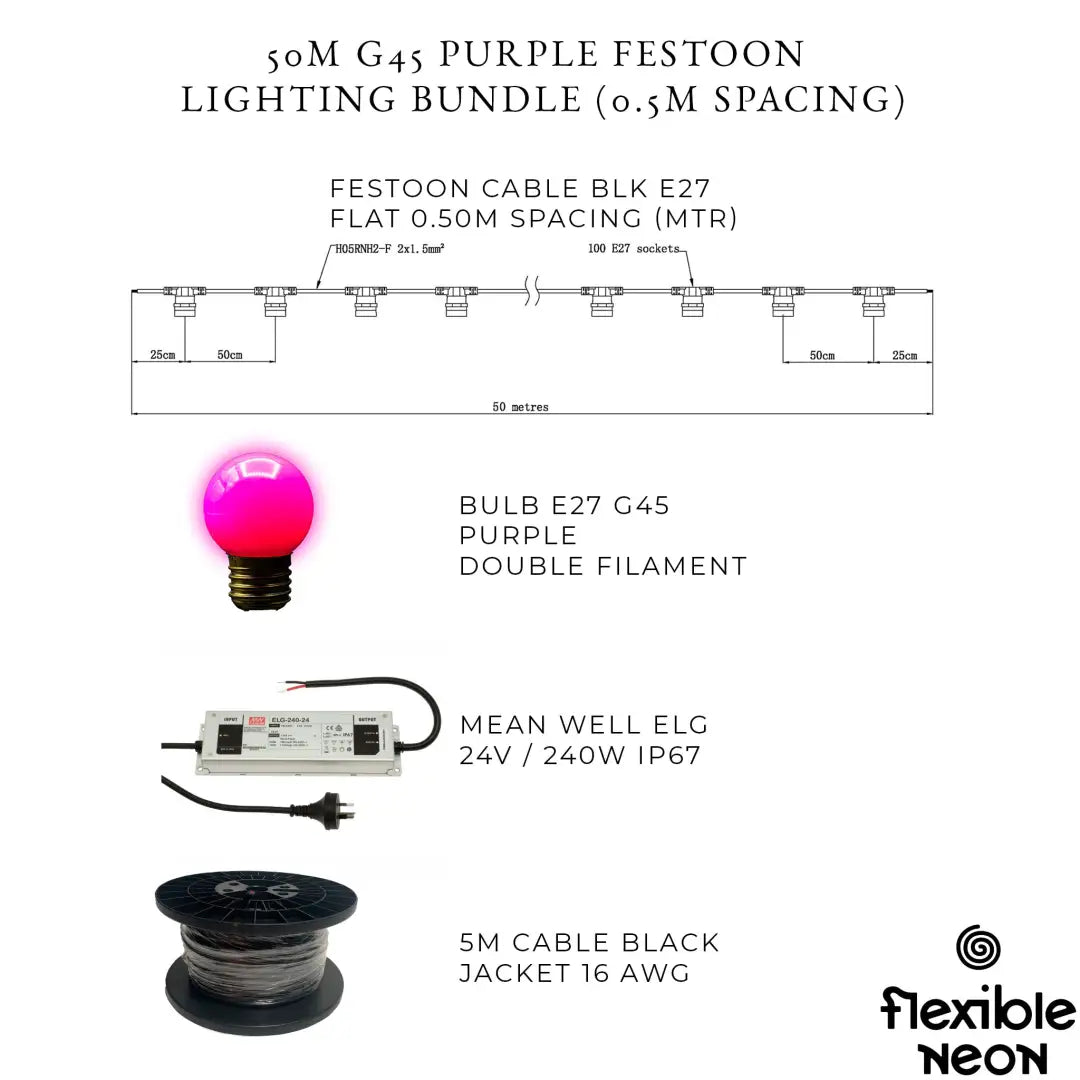 50m G45 Purple 2F Festoon Lighting Bundle (0.5m Spacing) - Festoon Lighting