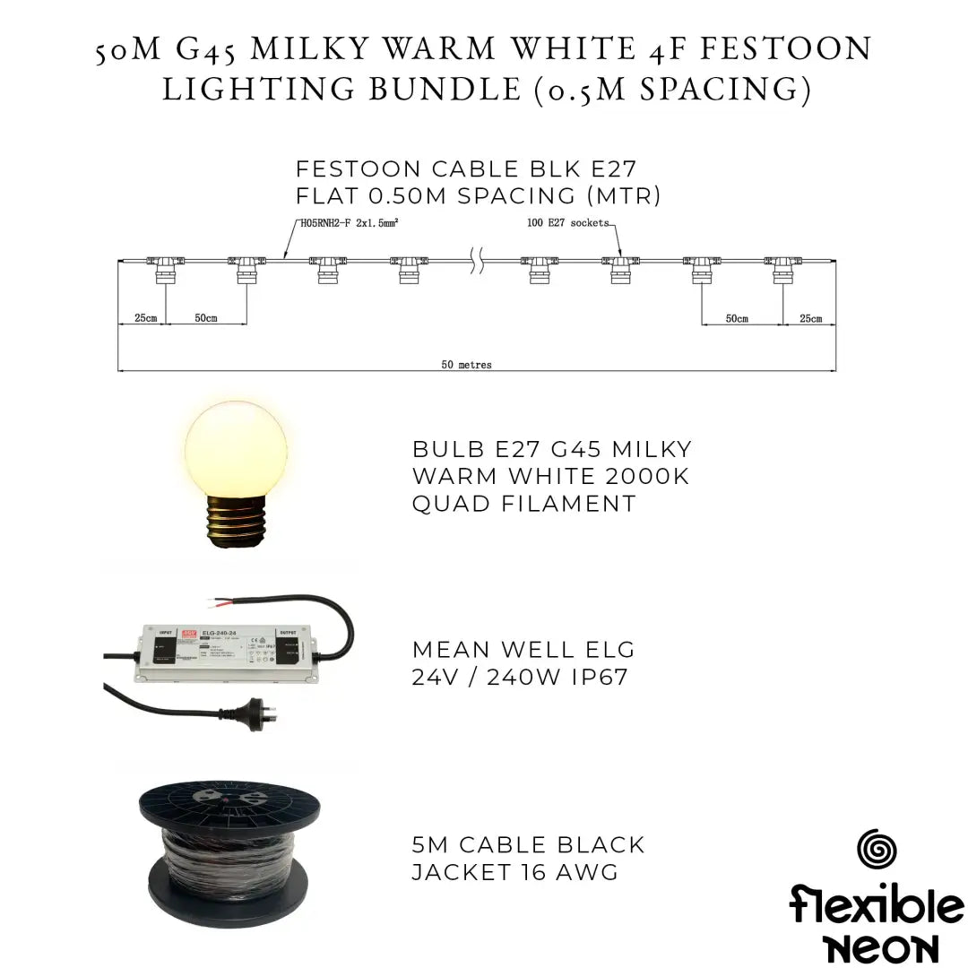 50m G45 Milky Warm White 4F Festoon Lighting Bundle (0.5m Spacing) - Festoon Lighting