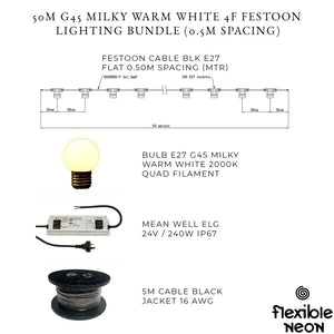 50m G45 Milky Warm White 4F Festoon Lighting Bundle (0.5m Spacing) - Festoon Lighting