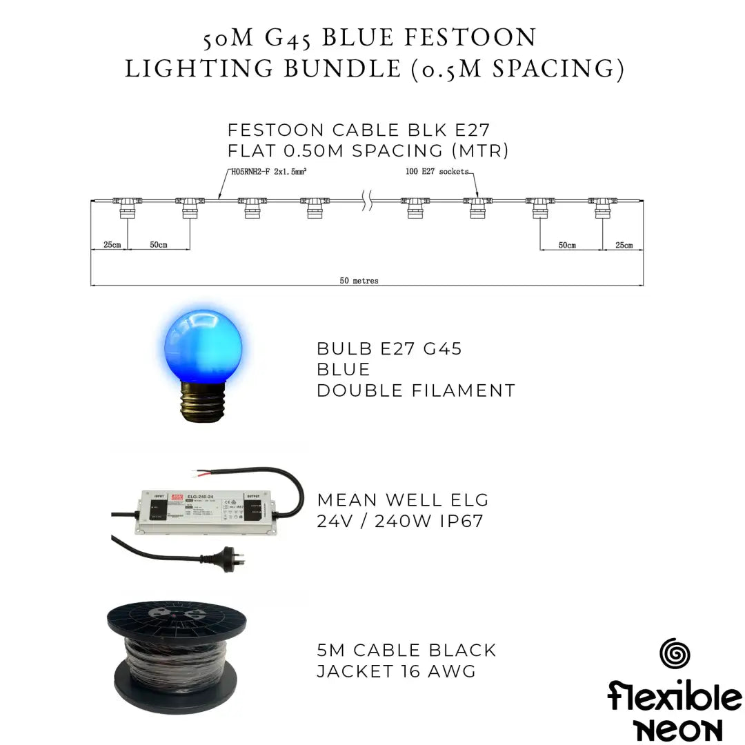 50m G45 Blue 2F Festoon Lighting Bundle (0.5m Spacing) - Festoon Lighting