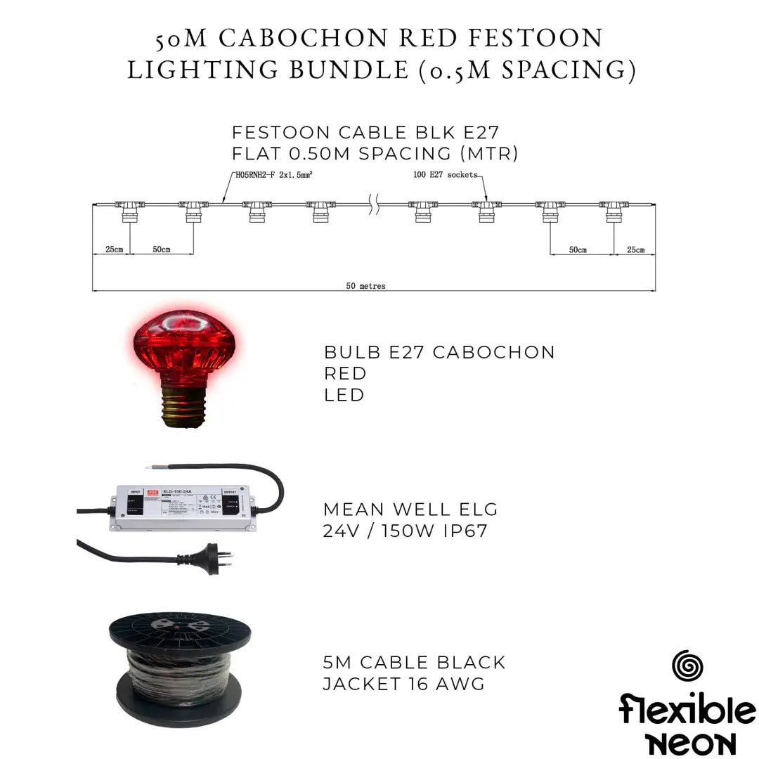 50m Red Cabochon Festoon Lighting Bundle (0.5m Spacing) - Festoon Lighting
