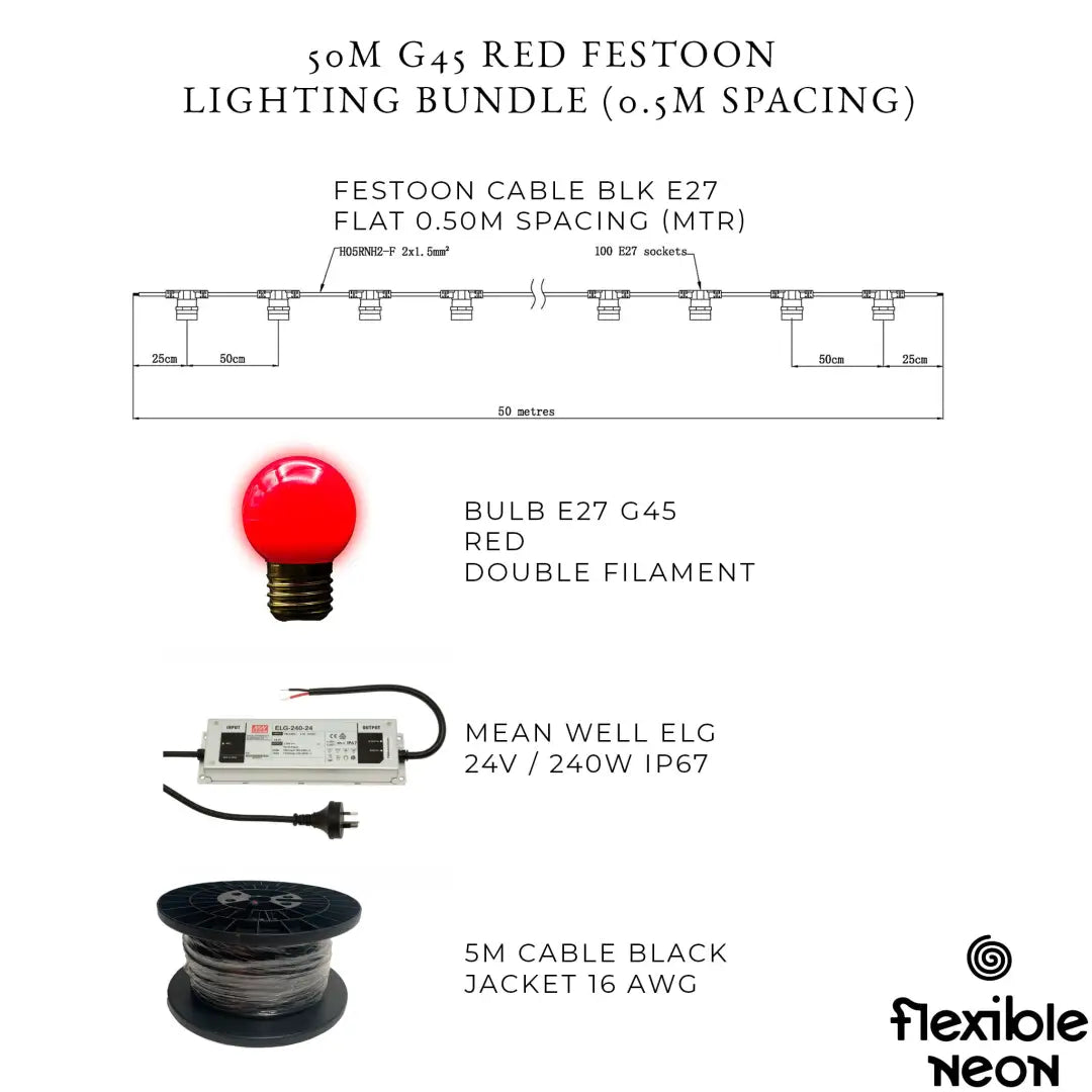 50m G45 Red 2F Festoon Lighting Bundle (0.5m Spacing) - Festoon Lighting