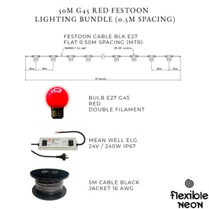 50m G45 Red 2F Festoon Lighting Bundle (0.5m Spacing) - Festoon Lighting