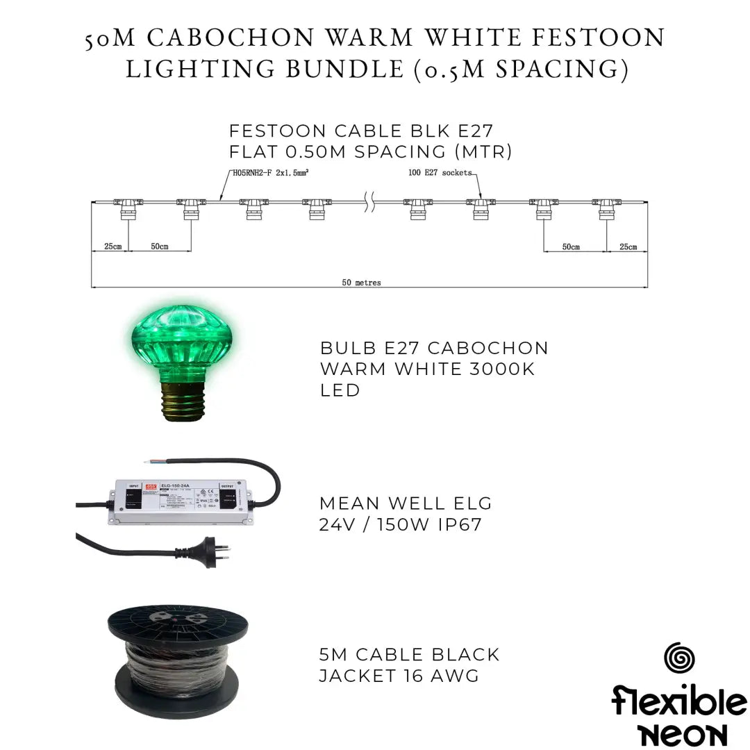 50m Green Cabochon Festoon Lighting Bundle (0.5m Spacing) - Festoon Lighting