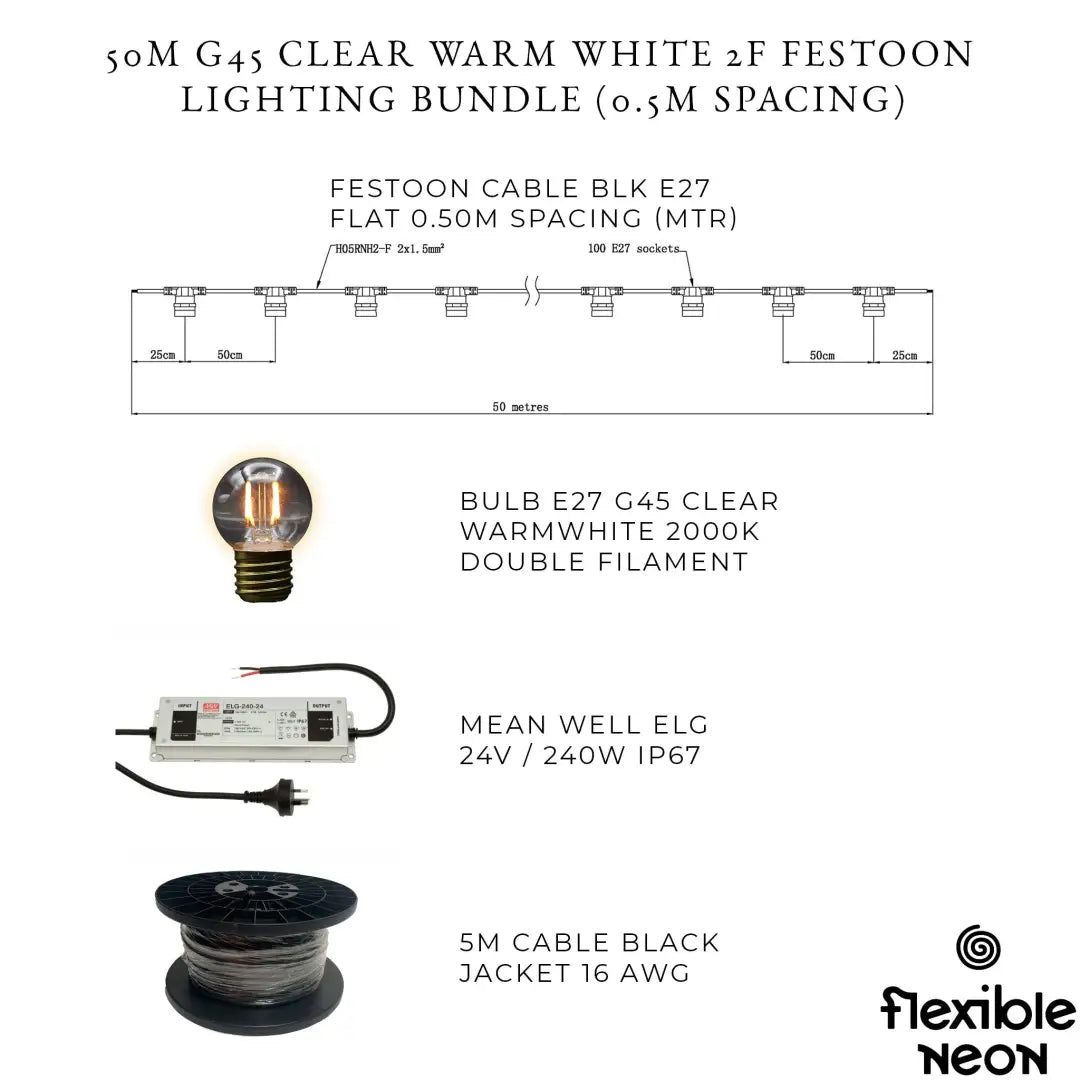 50m G45 Clear Warm White 2F Festoon Lighting Bundle (0.5m Spacing) - Festoon Lighting