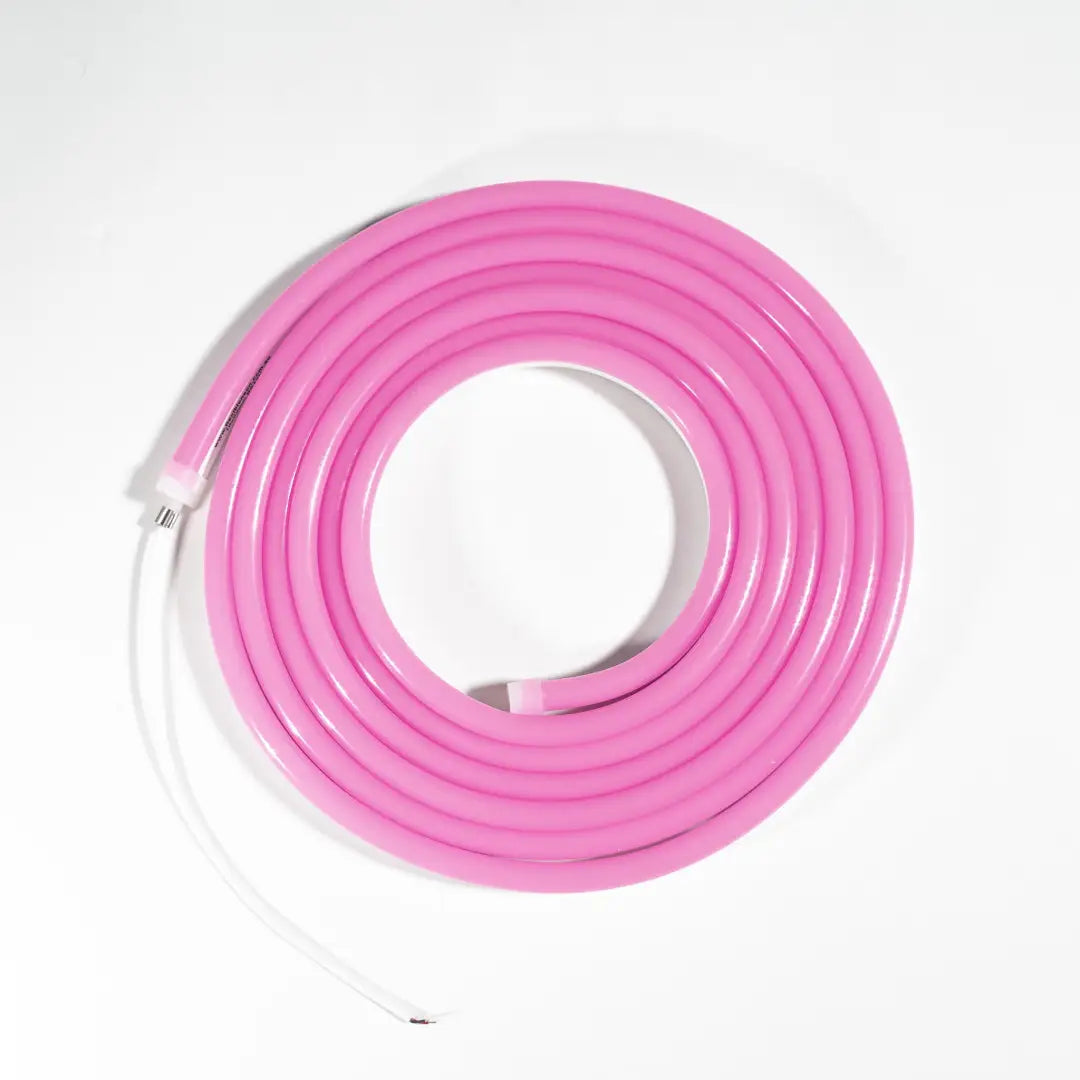Pink neon flex tube coiled in a circle for flexible neon LED lighting displays