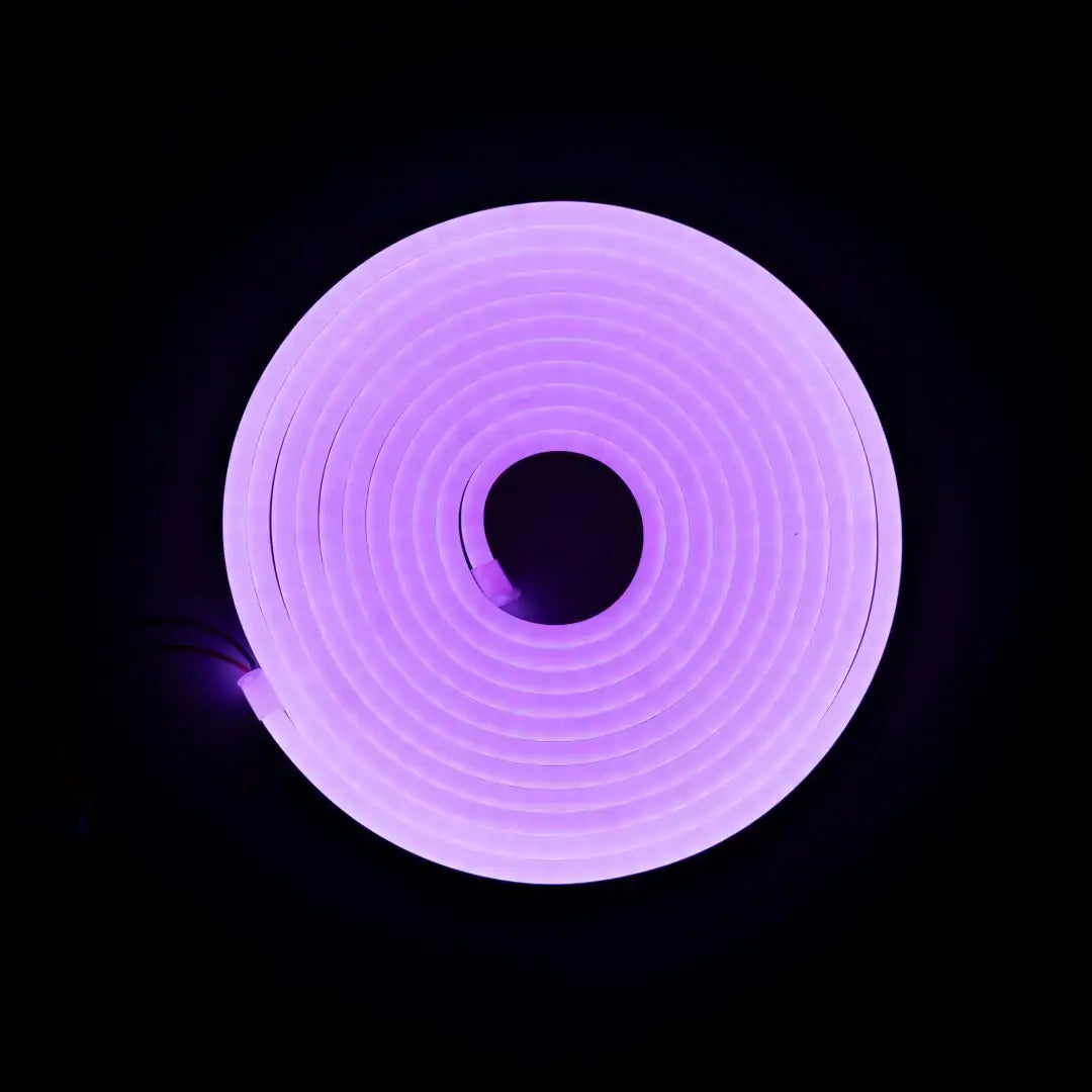 Flexible neon purple coil forming a circular shape, ideal for architectural strips and neon LED strip lighting