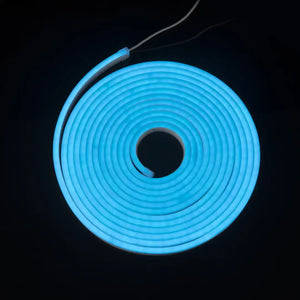Coiled blue neon LED strip forming a circular spiral, ideal for architectural strips