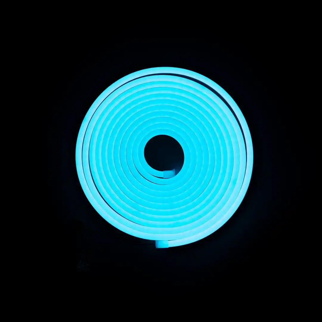 Glowing blue neon spiral with dark center hole showcasing flexible neon LED strip architecture