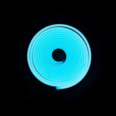 Glowing blue neon spiral with dark center hole showcasing flexible neon LED strip architecture