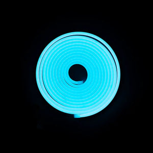 Glowing blue neon spiral with dark center hole showcasing flexible neon LED strip architecture